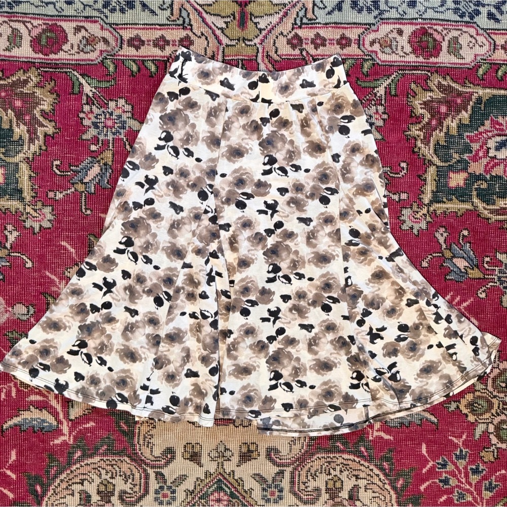 Lapis Floral A-Line Skirt Womens Small Brown Excellent High Waisted Jersey Knit